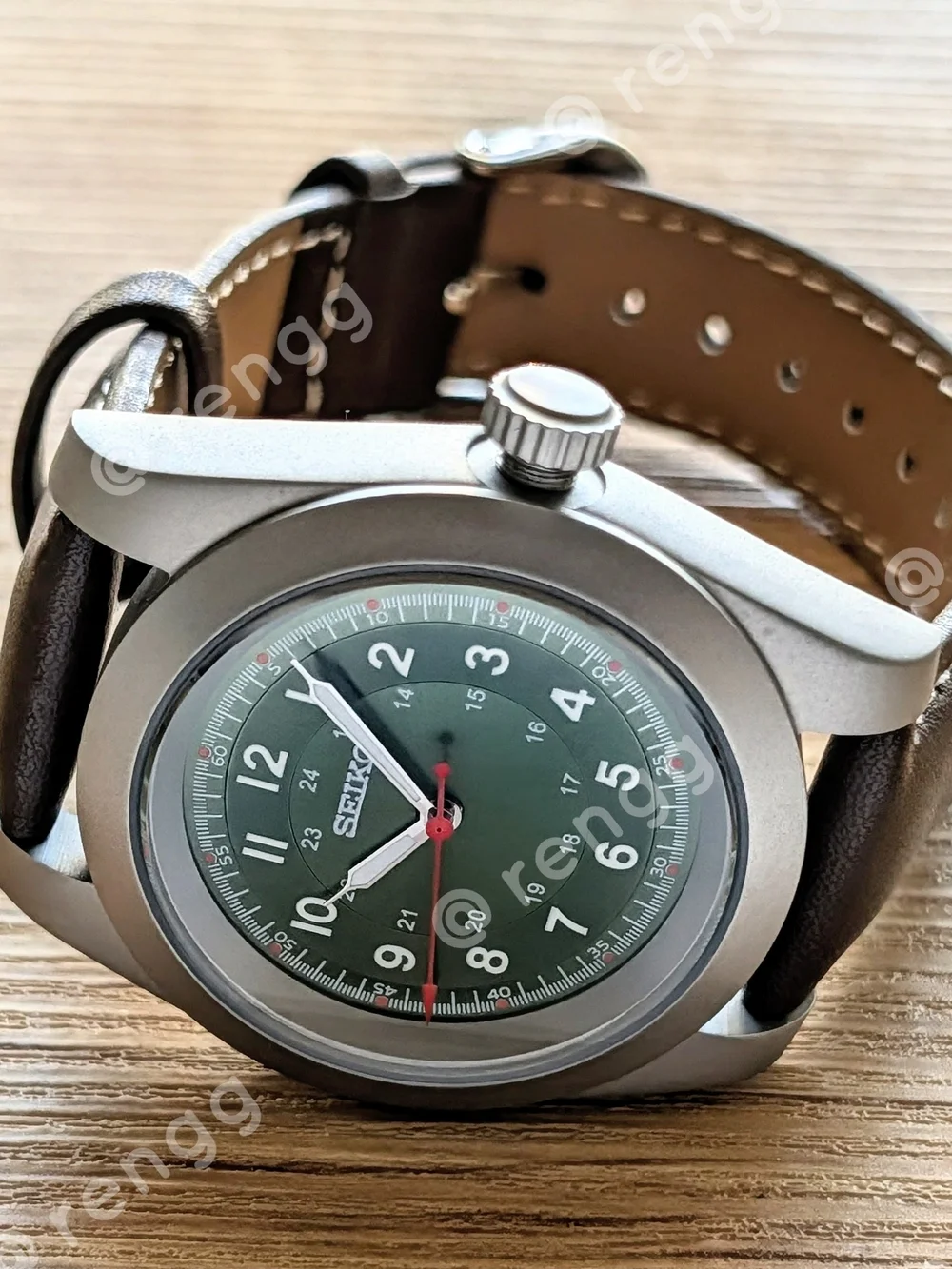 Sandblasted Seiko Green Olive Dial Field Mod Watch Sapphire Smooth Sweep Second